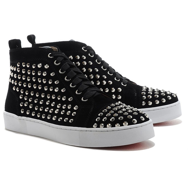 Men's Christian Louboutin Louis Silver Spikes High Top Sneakers Black ...