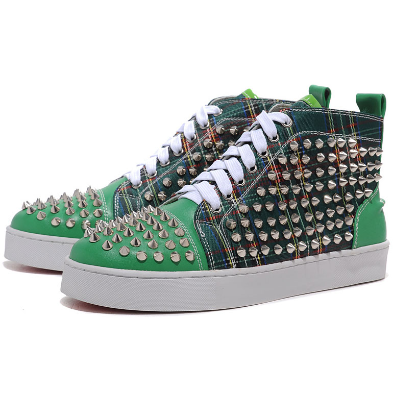 Men's Christian Louboutin Spikes Leather Canvas Sneakers Green ...