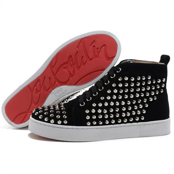 Men's Christian Louboutin Louis Silver Spikes High Top Sneakers Black