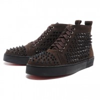 Men's Christian Louboutin Spikes Suede Sneakers Chocolate