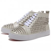 Men's Christian Louboutin Spikes High Top Sneakers Beige