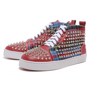 Men's Christian Louboutin Spikes Leather Canvas Sneakers Red